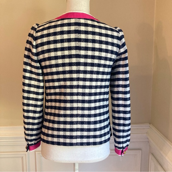 JCREW Navy Blue White Pink Gingham Check Plaid Ribbon Trim Lady Jacket Blazer - Picture 4 of 11